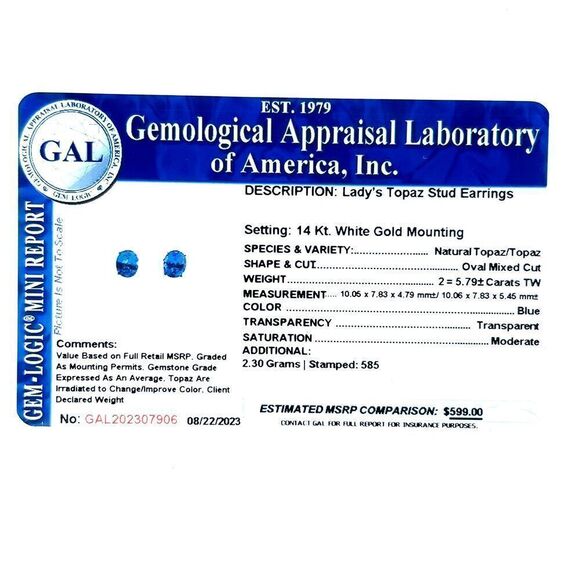 Natural Blue Topaz Stud Earrings 14k White Gold 5.79 TW Certified $599 307906 - Picture 15 of 15